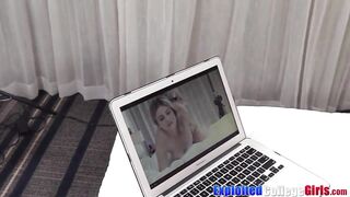 Kinky coed Serena toys before 3way banging and facial