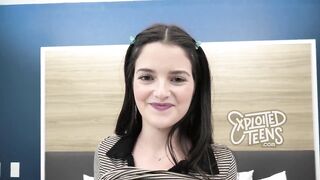 Brand new brunette teen with a shaved pussy sucks cock