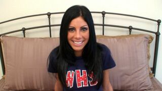This sexy teen shows off her body and gives head