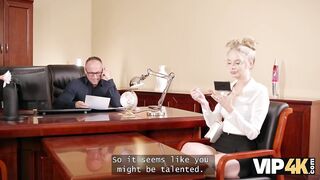 Amateur. Sexy blonde with long legs and big natural tits is fucked during the job interview