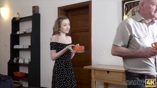 Tricky dad seduces and fucks cutie while step son left them alone