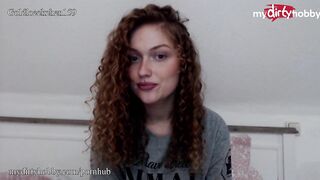 Hot - Curly stretches her tight gripping pussy with a fat dildo