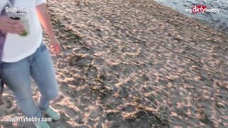 Hot - Blonde babe sucks cock at the beach and tries not to get caught