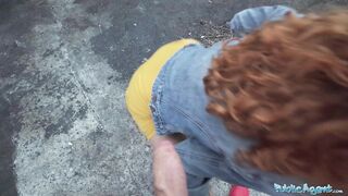 Public Agent Sexy redhead waitress sucks cock and gets fucked doggystyle outside in public