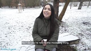 Public Agent Spanish Brunette Flashes Big Natural Tits in the Snow