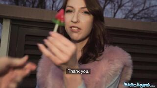 Public Agent Chanel Kiss sucks cock before being bent over in public toilets for sex