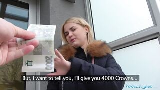 Public Agent Hot blondes gets a mouthful of cum after fucking for cash