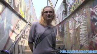 Amateur Blonde in glasses gets fucked while his friend watches