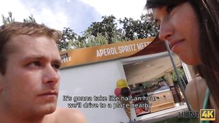 Amateur Boy counts cash while mature hunter analyzes his GF outdoors