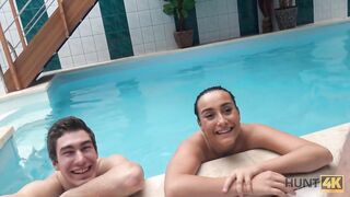 Amateur Slim brunette has sex with stranger by the pool near her man